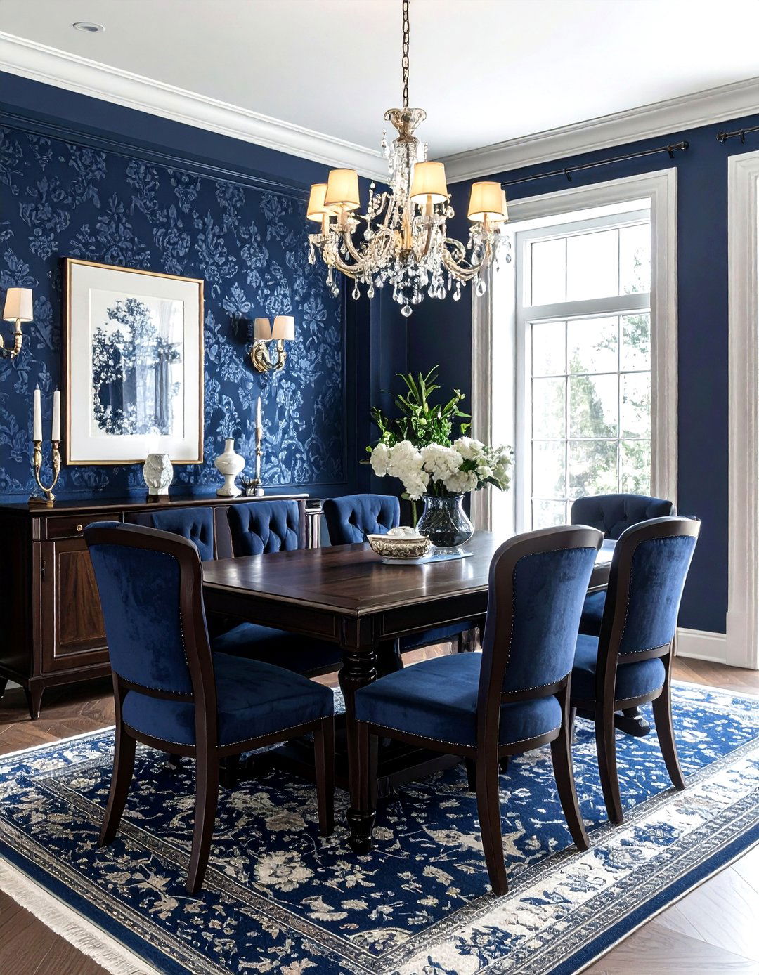Navy blue patterned wallpaper dining room - 30 navy dining room design ideas