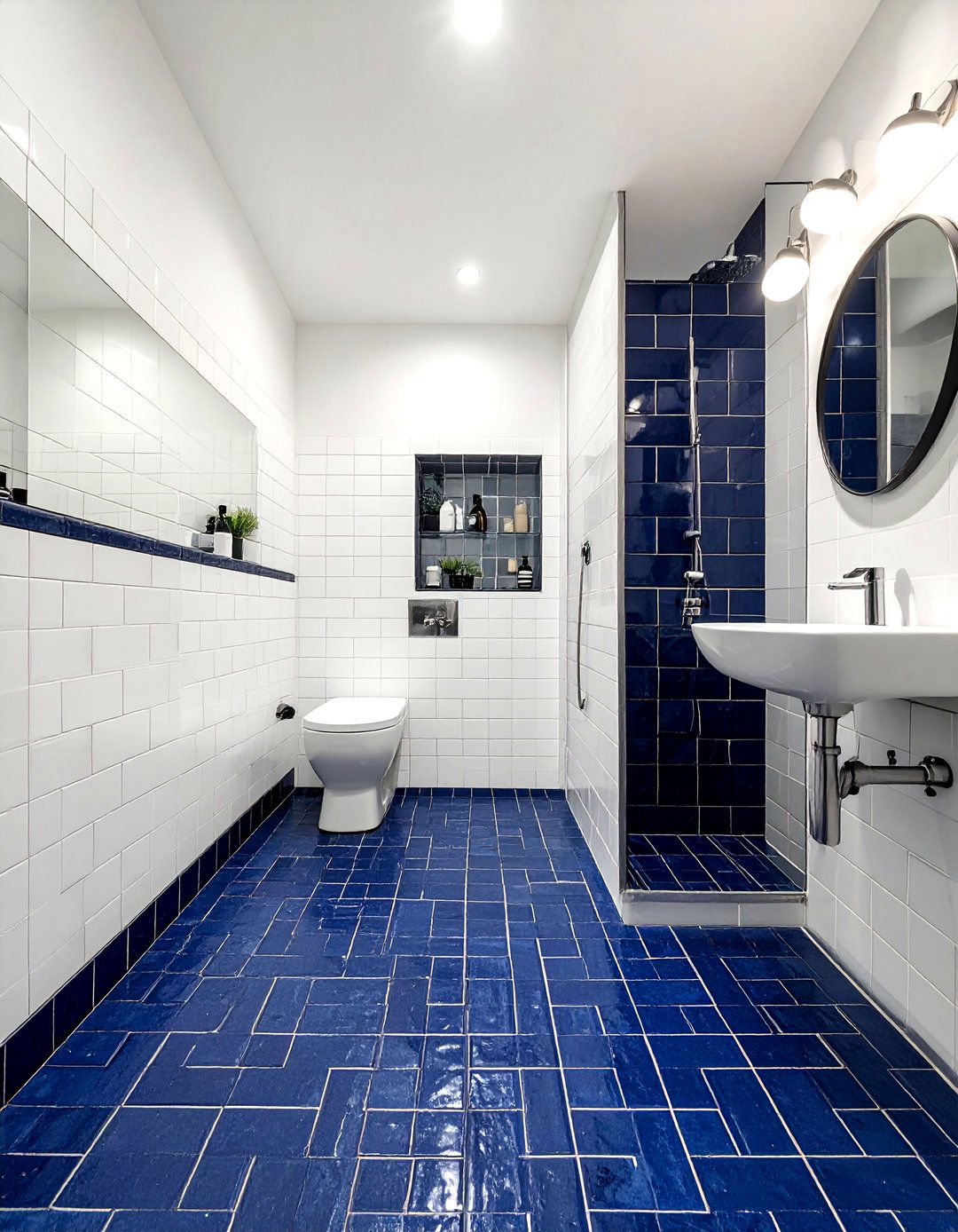 Navy blue penny tile bathroom - 30 navy and white bathroom ideas