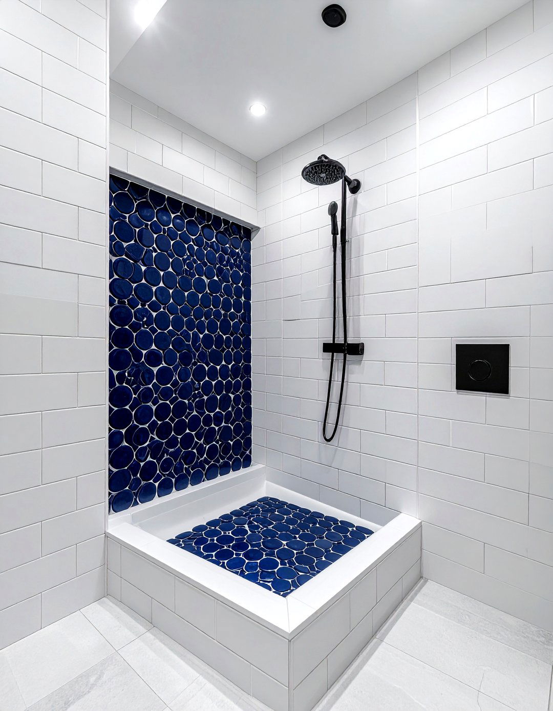 Navy blue penny tile niche - 30 penny round tile bathroom ideas