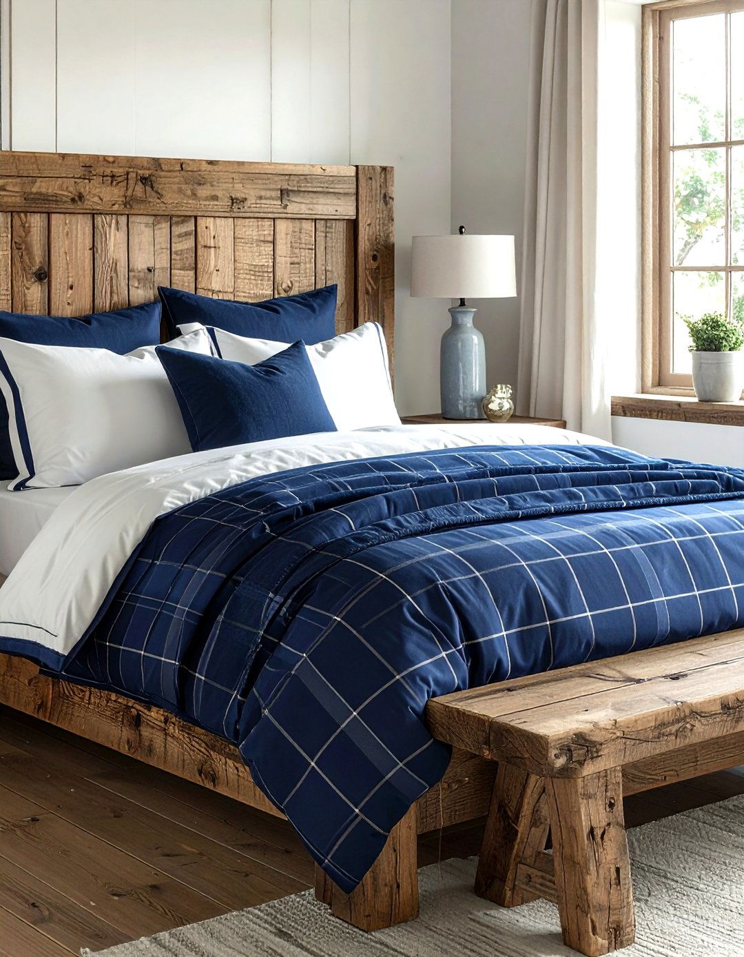 Navy blue plaid farmhouse bedding - 30 farmhouse navy bedroom ideas