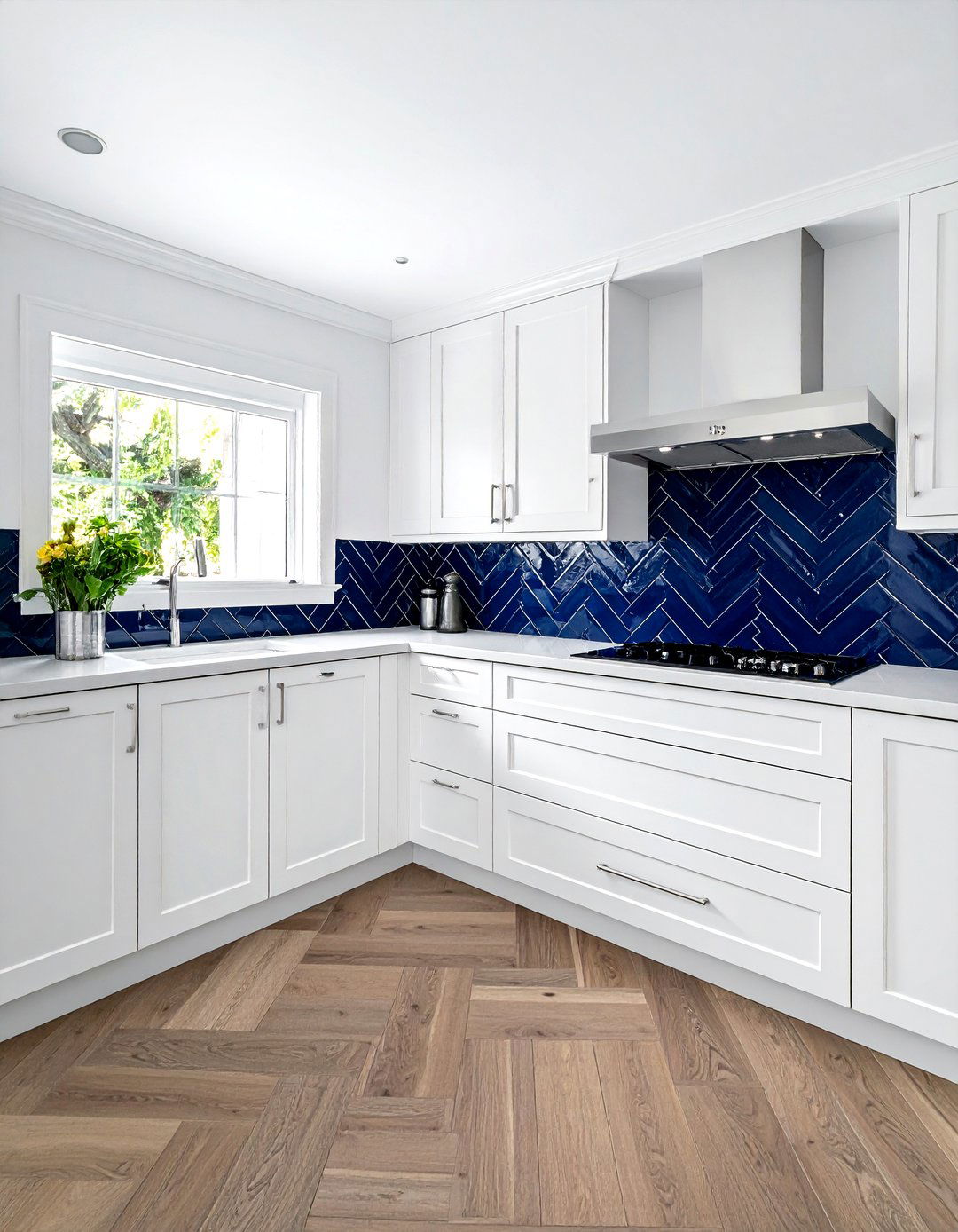 Navy blue porcelain herringbone tile - 30 porcelain tile kitchen backsplash ideas