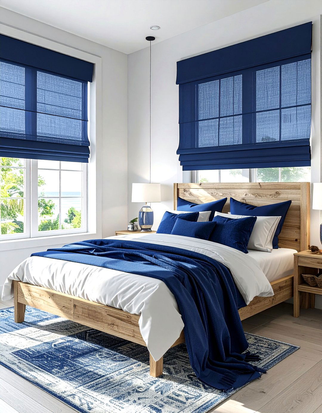Navy blue roman shades - 30 coastal navy bedroom ideas