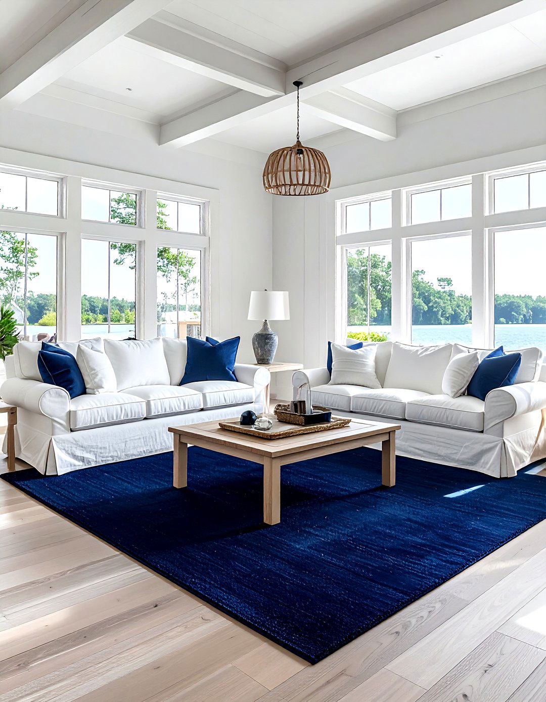 Navy blue rug living room - 30 living room lake house furniture ideas