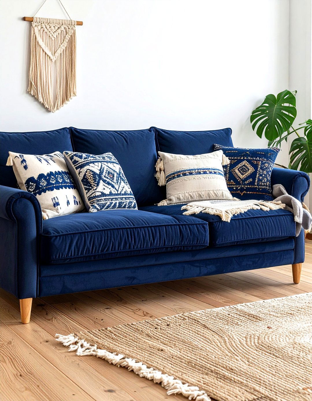 Navy blue sectional with boho pillows - 30 bohemian navy living room ideas