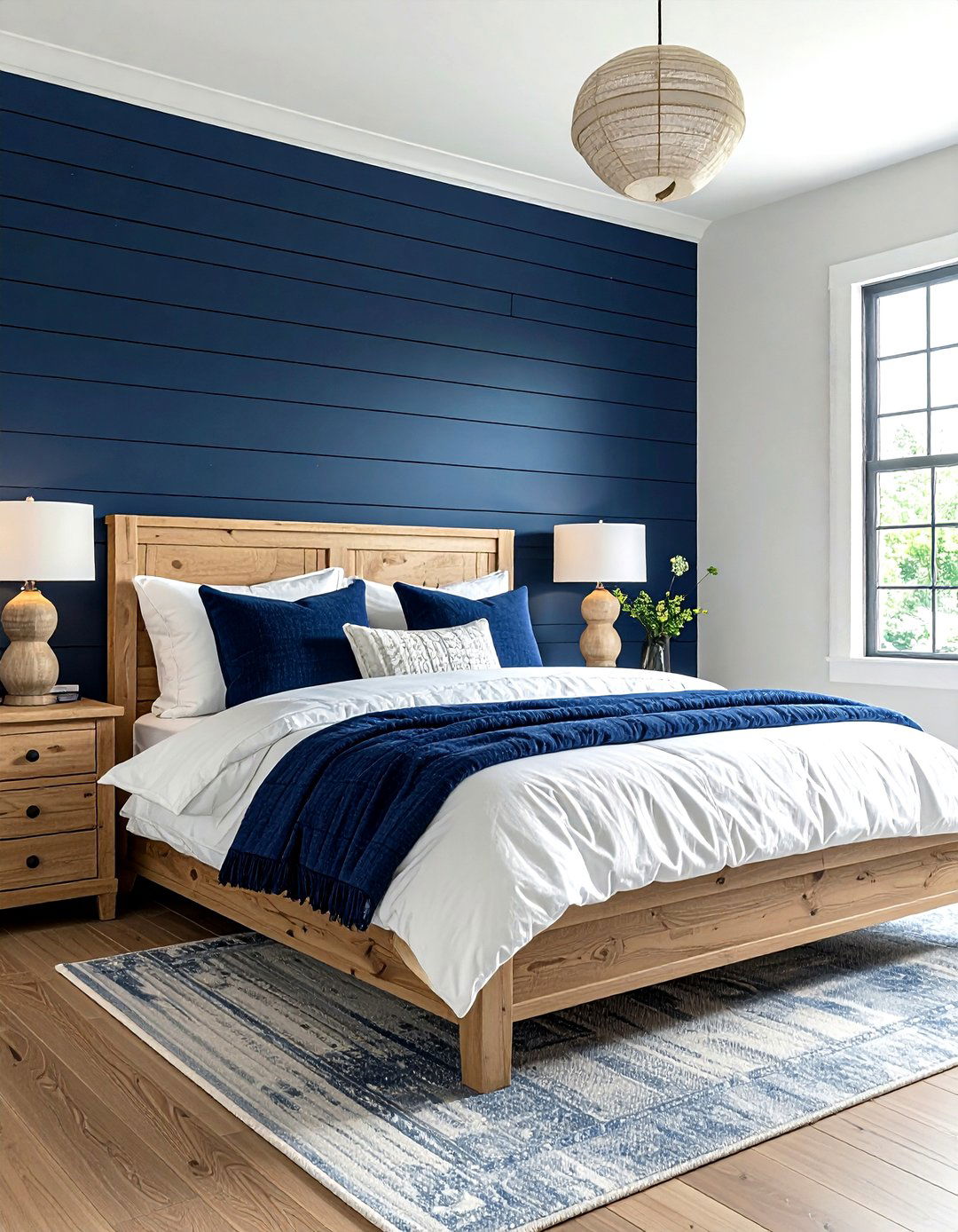 Navy blue shiplap accent wall - 30 farmhouse navy bedroom ideas