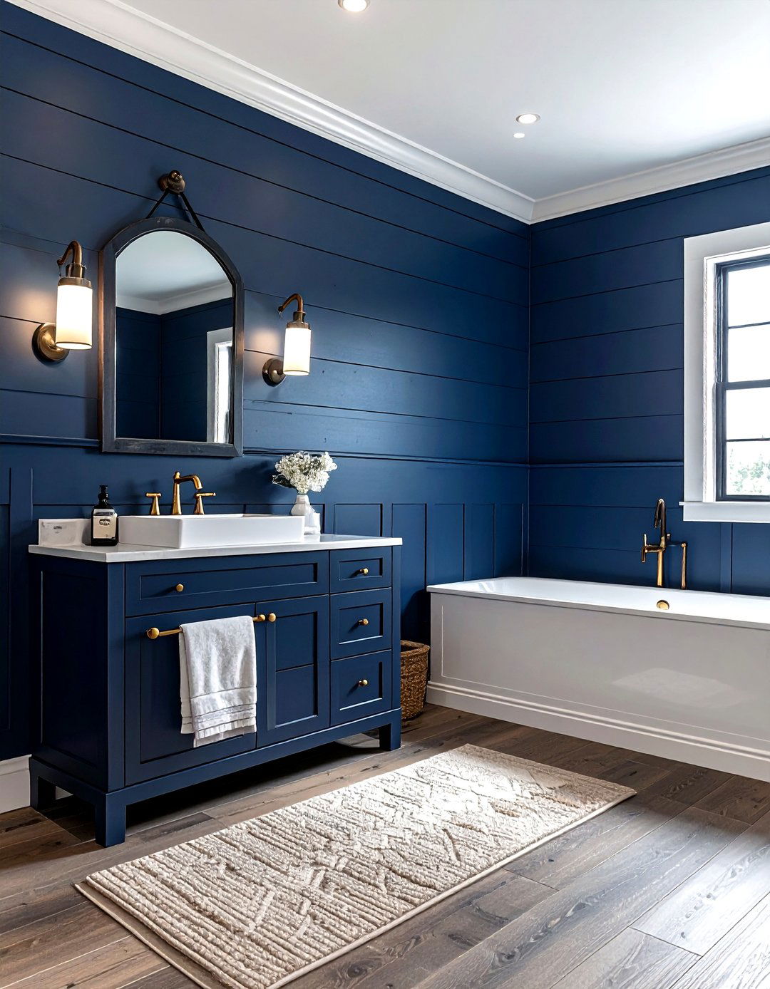 Navy blue shiplap bathroom - 30 navy and gold bathroom ideas