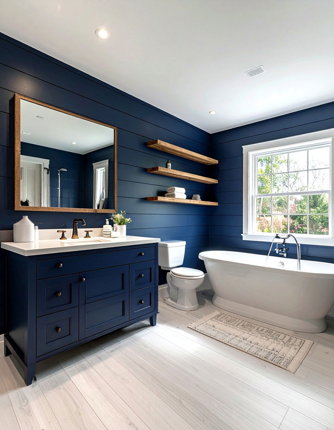 Navy blue shiplap bathroom - 30 navy and white bathroom ideas