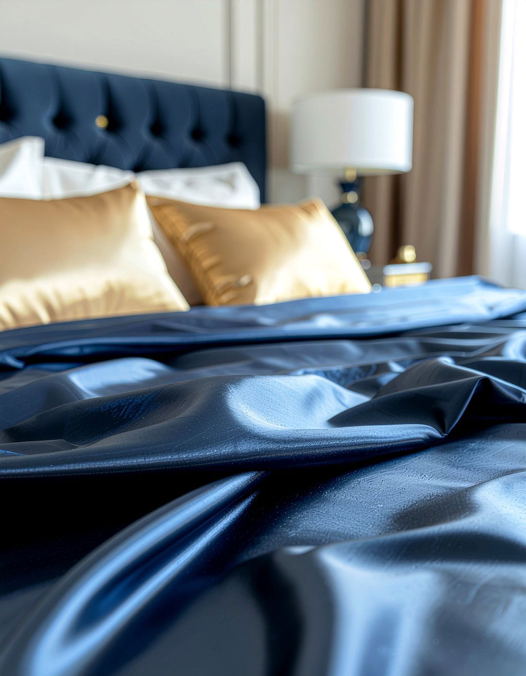 Navy blue silk sheets - 30 navy and gold bedroom ideas