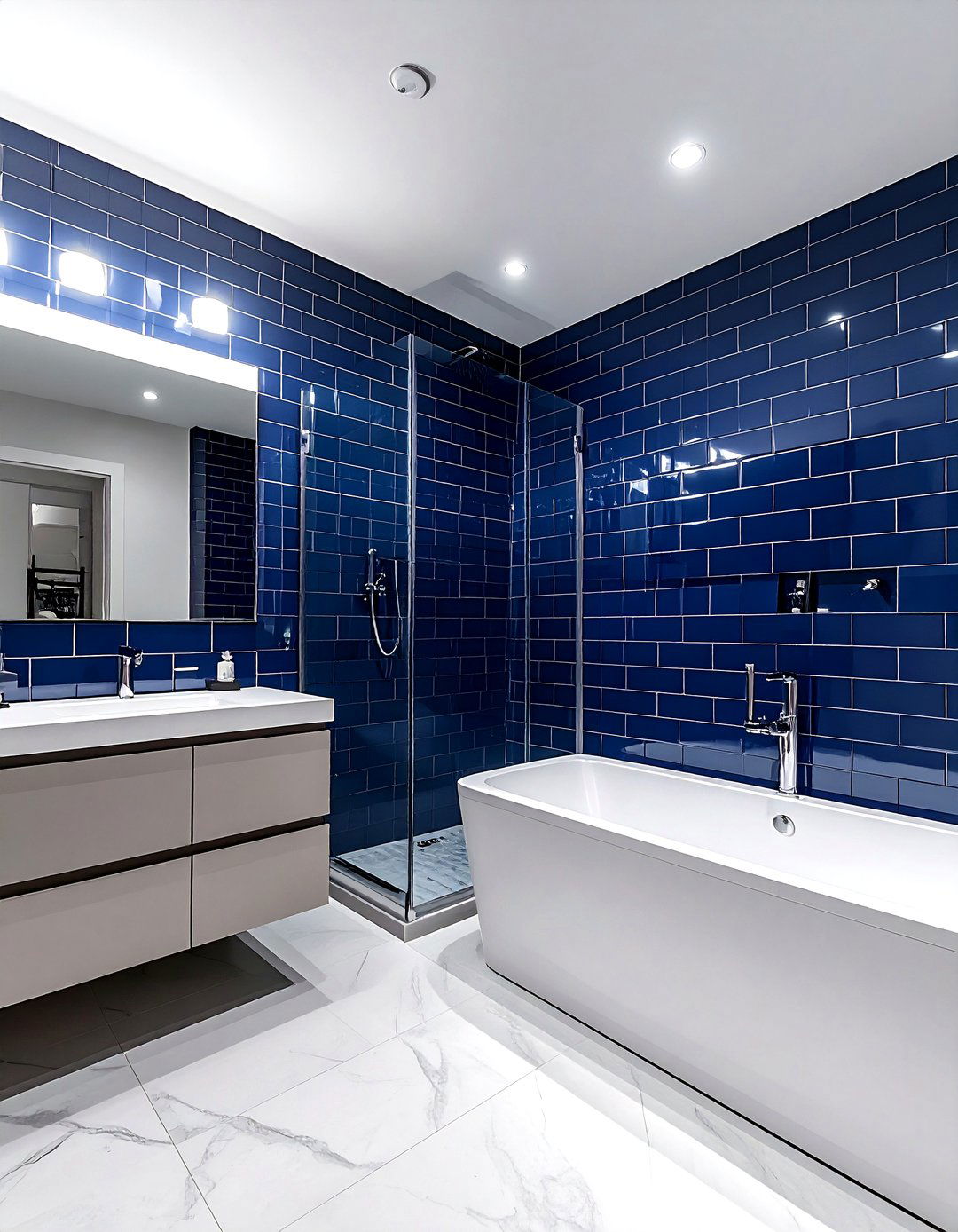 Navy blue subway tile bathroom - 30 navy and white bathroom ideas
