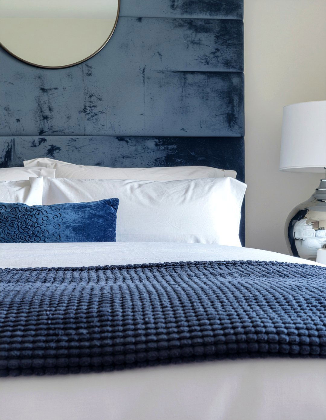Navy blue suede headboard - 30 suede bedroom ideas