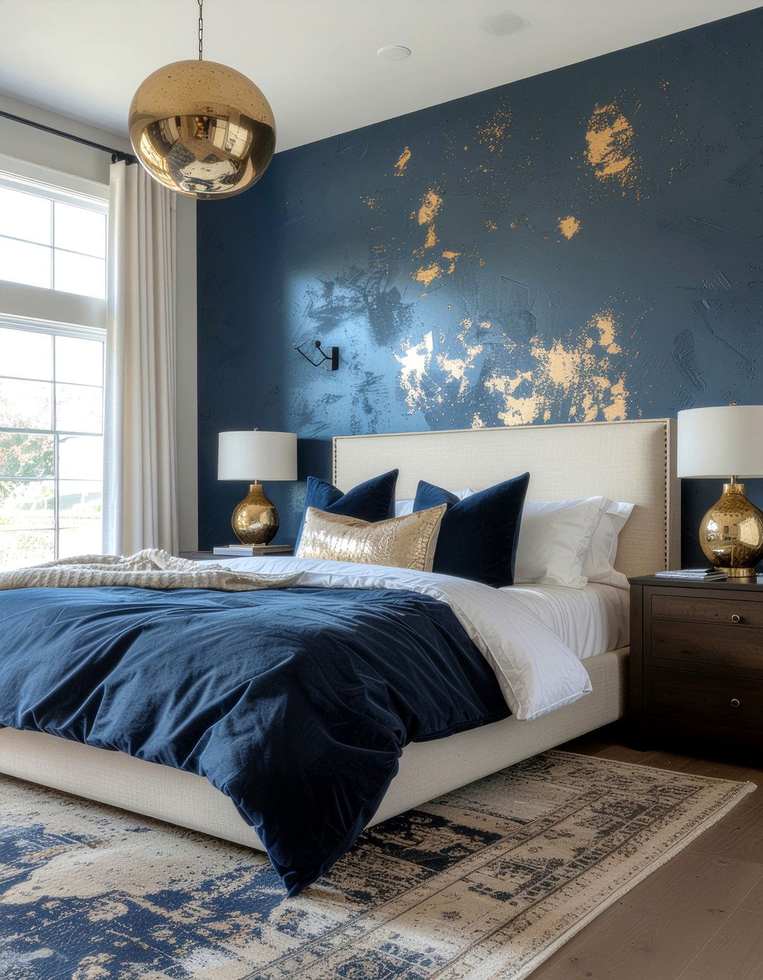 Navy blue textured paint - 30 navy and gold bedroom ideas