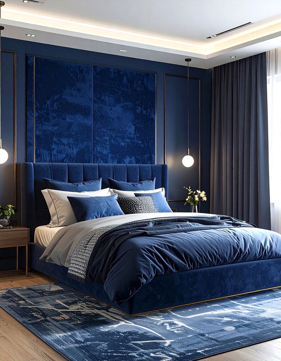 Navy blue textured wallpaper bedroom - 30 dark navy bedroom ideas