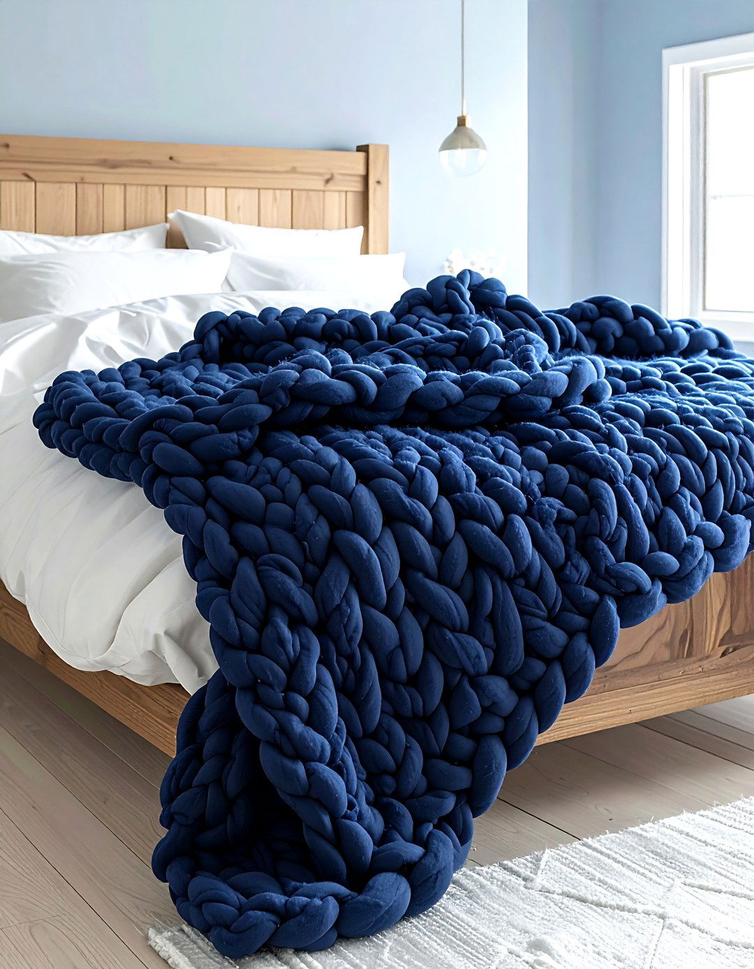 Navy blue throw blanket white bed - 30 coastal navy bedroom ideas