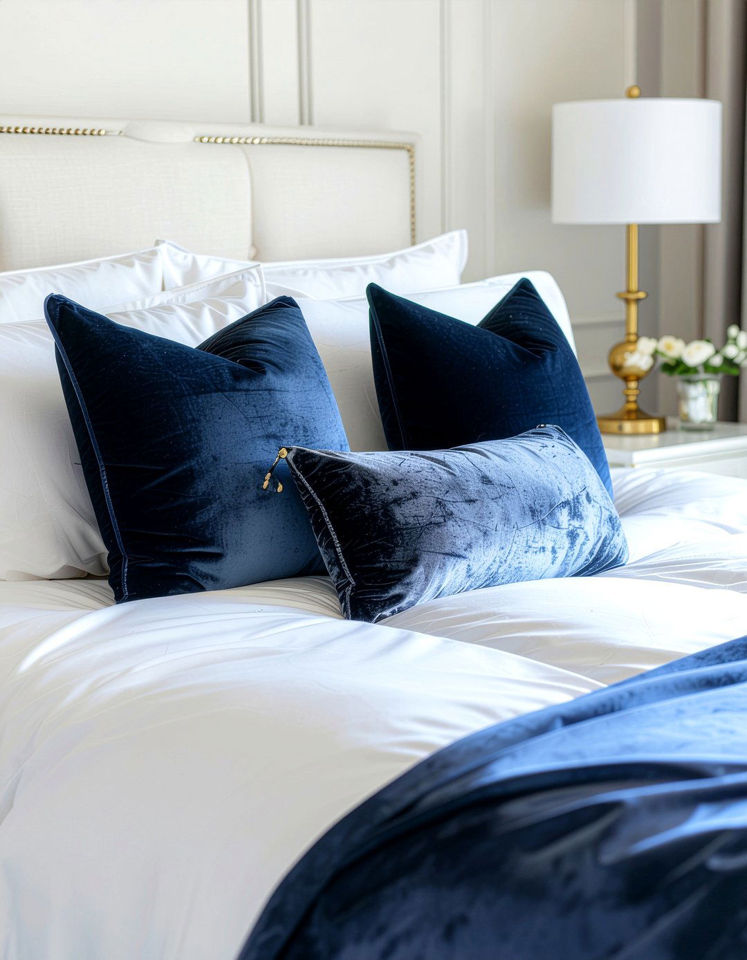 Navy blue throw pillows - 30 navy and gold bedroom ideas