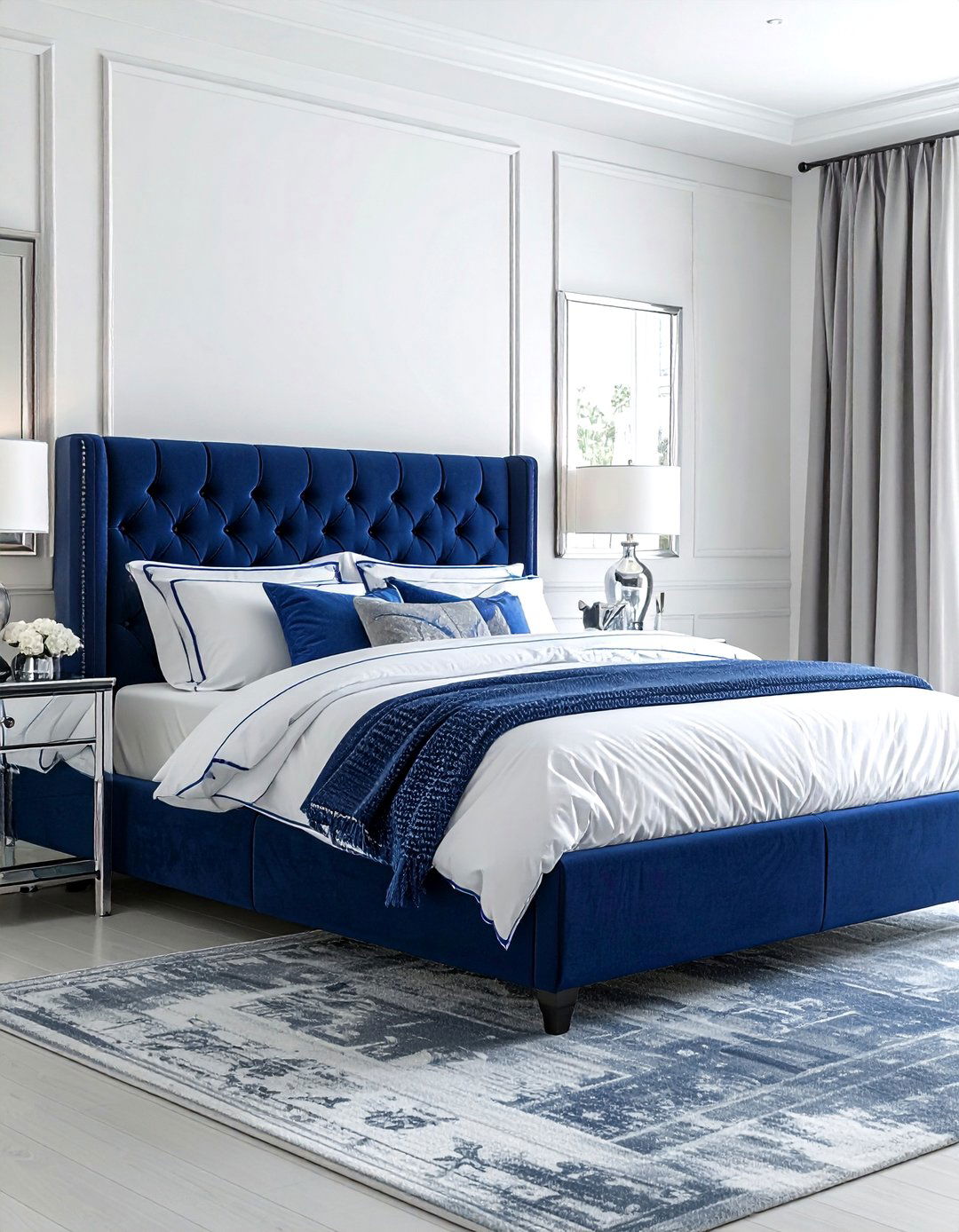 Navy blue tufted headboard - 30 coastal navy bedroom ideas