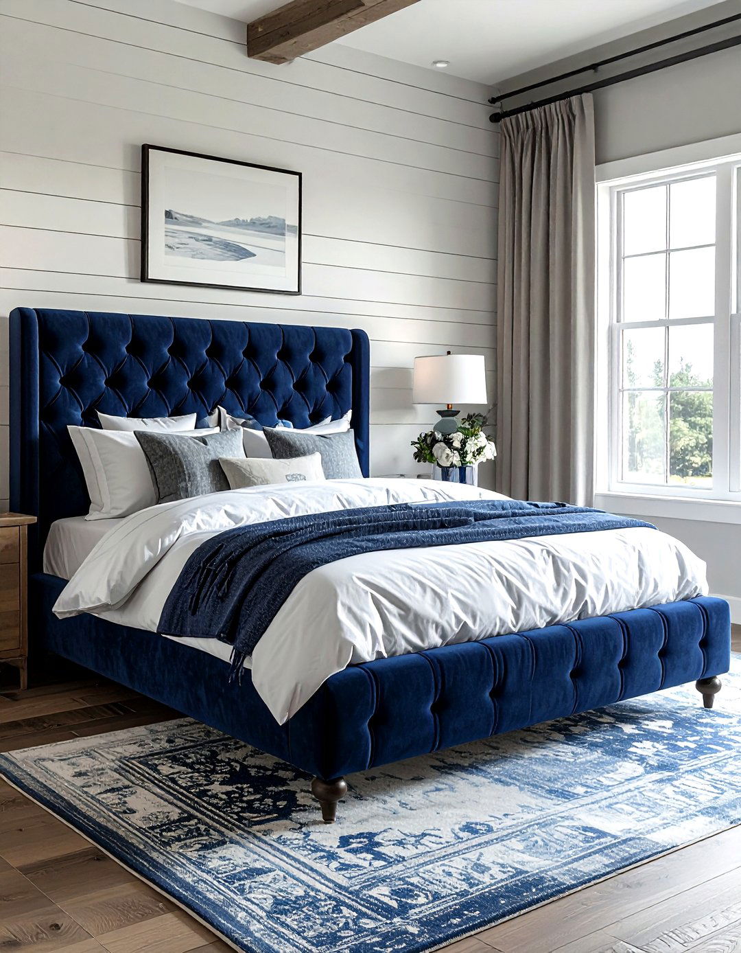Navy blue upholstered bed frame - 30 farmhouse navy bedroom ideas