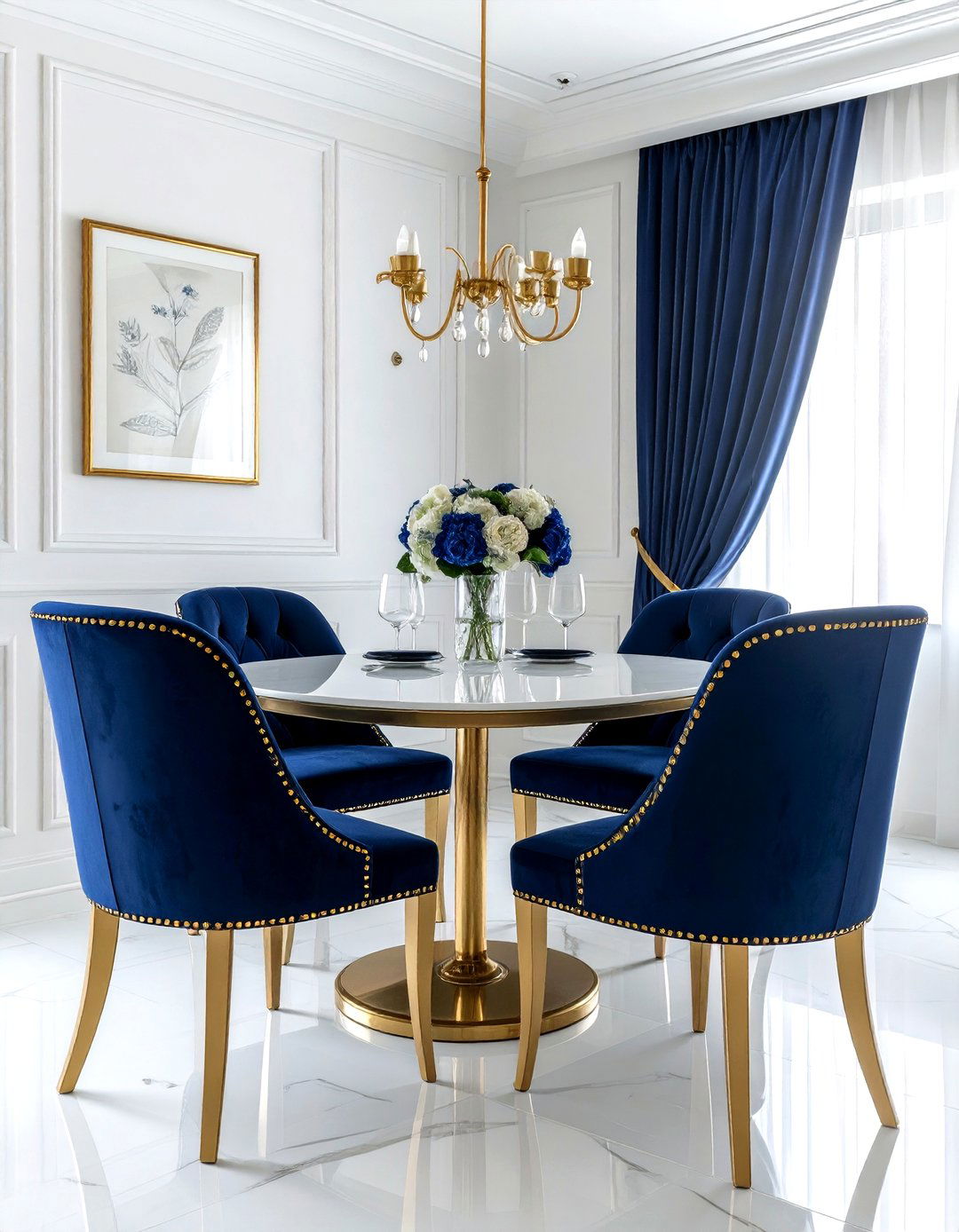 Navy blue upholstered chairs gold nailhead - 30 navy and gold dining room ideas