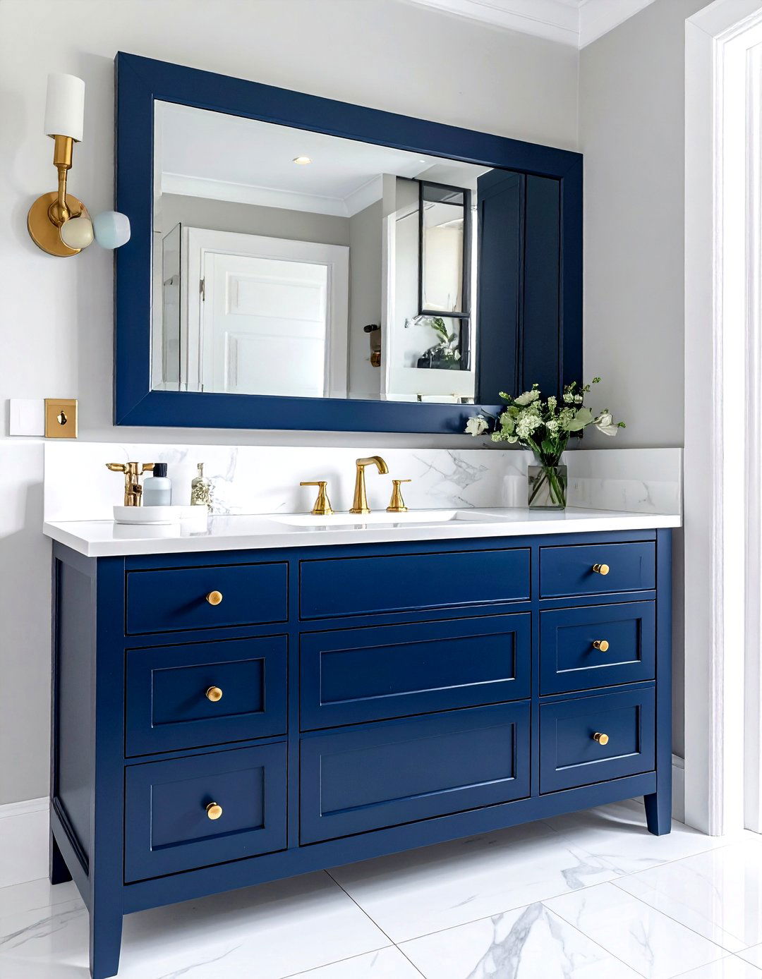 Navy blue vanity - 30 small powder room ideas