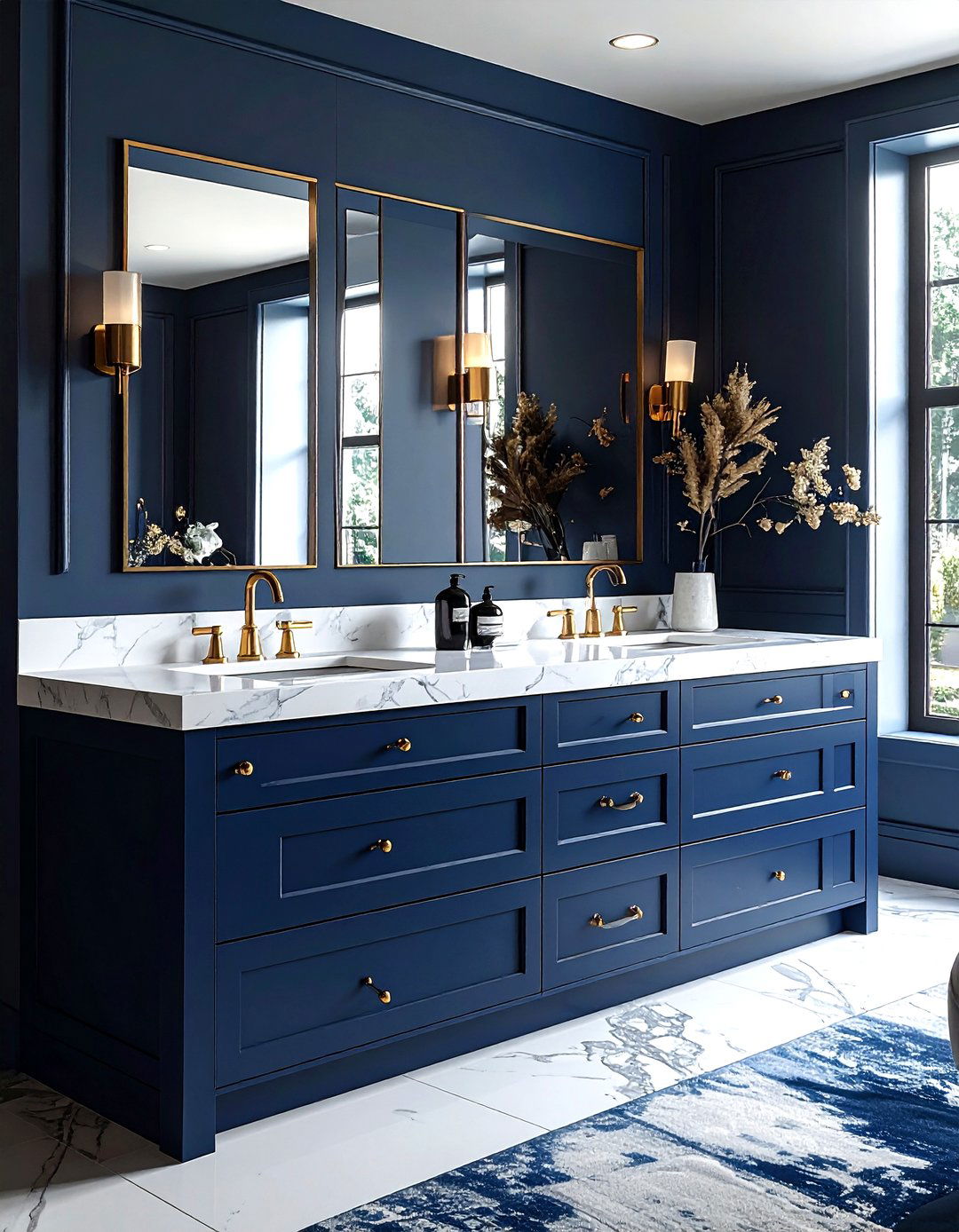 Navy blue vanity marble top - 30 navy and gold bathroom ideas