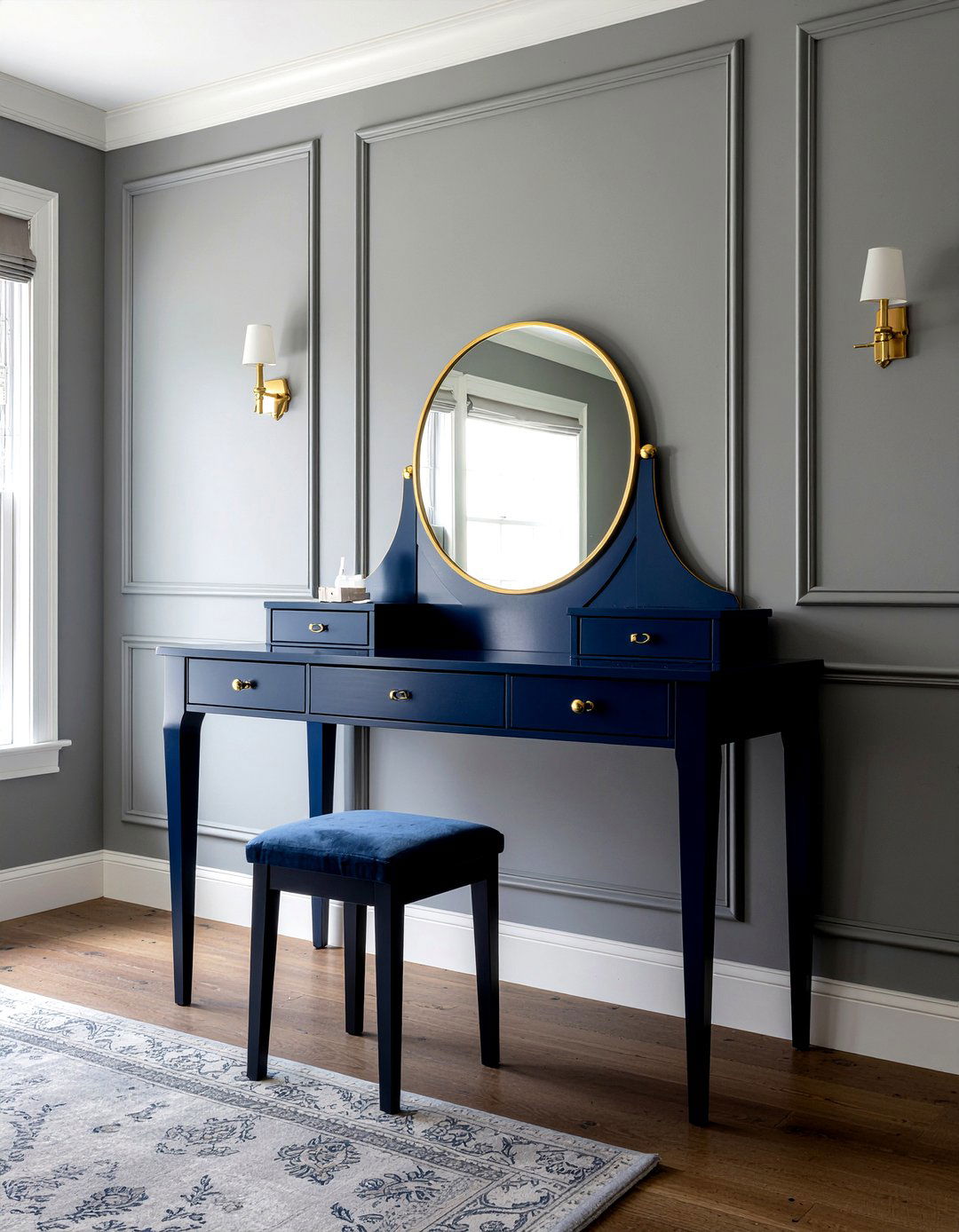 Navy blue vanity table - 30 navy and gold bedroom ideas
