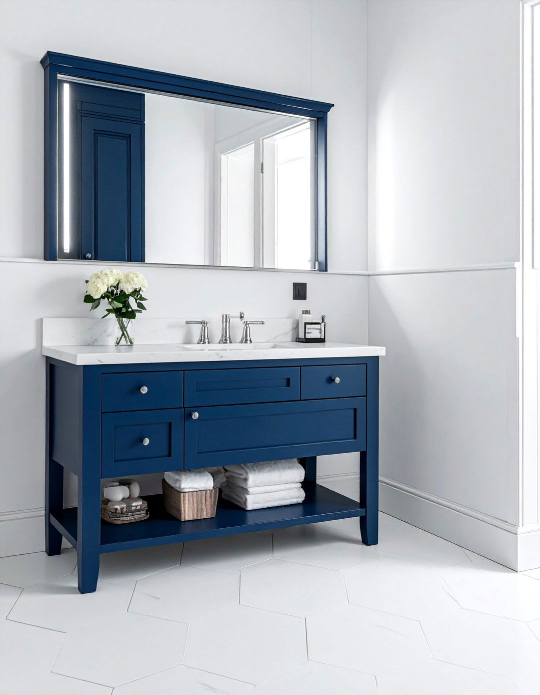 Navy blue vanity white hexagon tile - 30 white hexagon tile bathroom ideas
