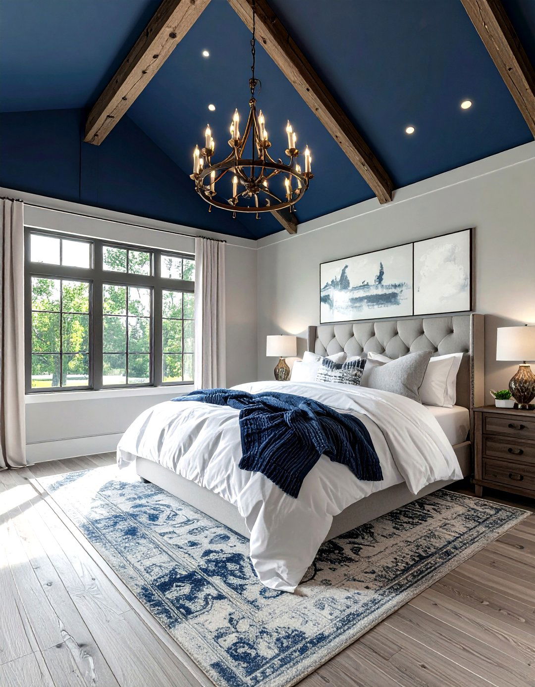 Navy blue vaulted ceiling farmhouse bedroom - 30 farmhouse navy bedroom ideas