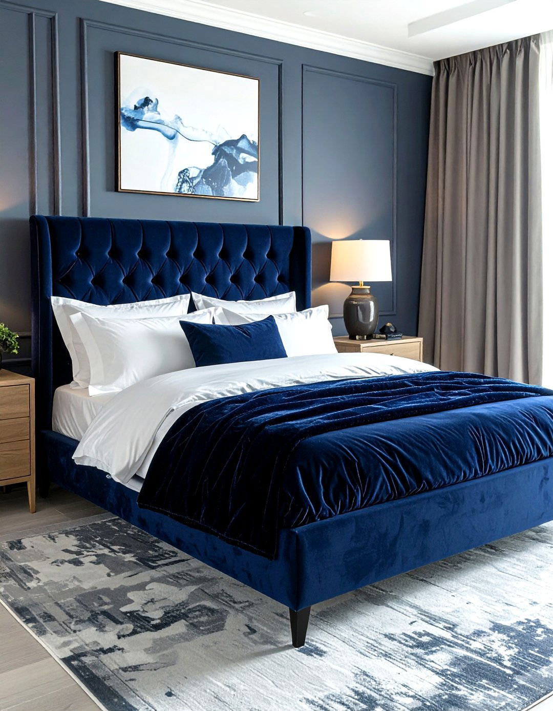 Navy blue velvet bed - 30 dark navy bedroom ideas
