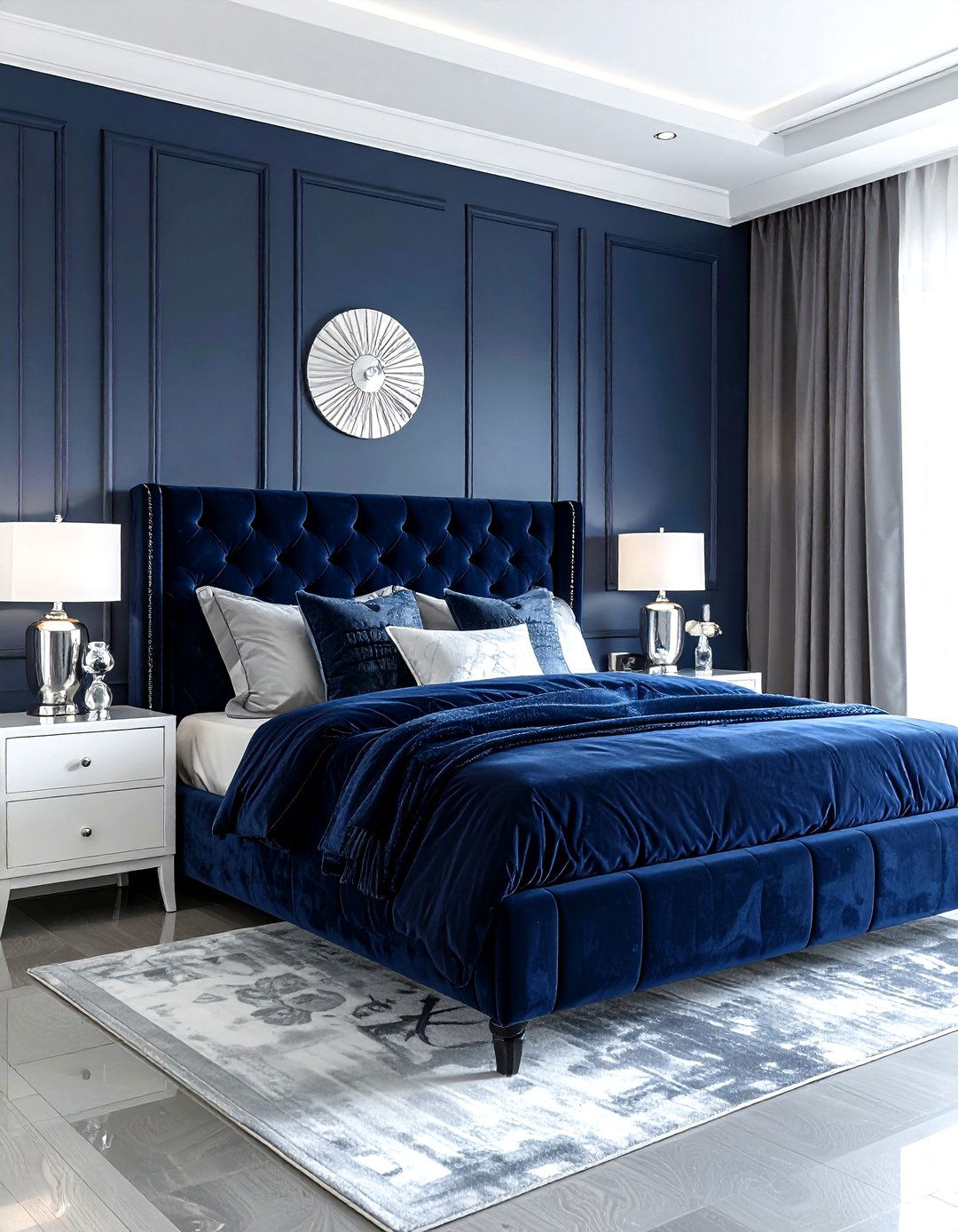 Navy blue velvet bedroom - 30 navy and white bedroom ideas