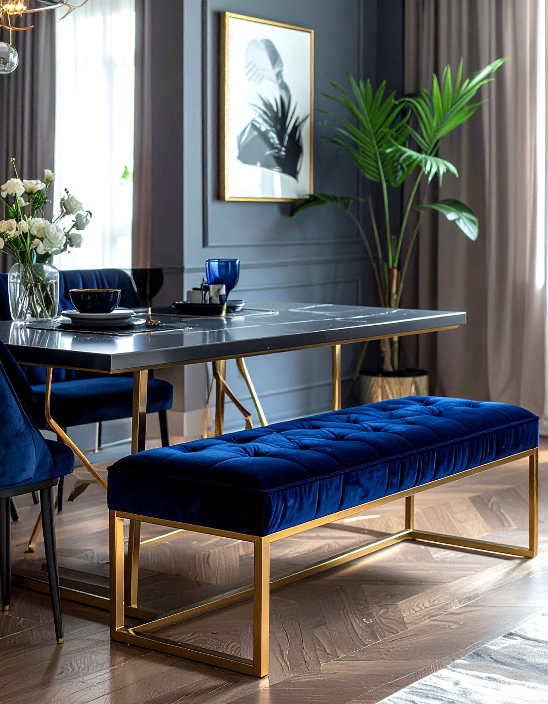 Navy blue velvet bench gold frame - 30 navy and gold dining room ideas