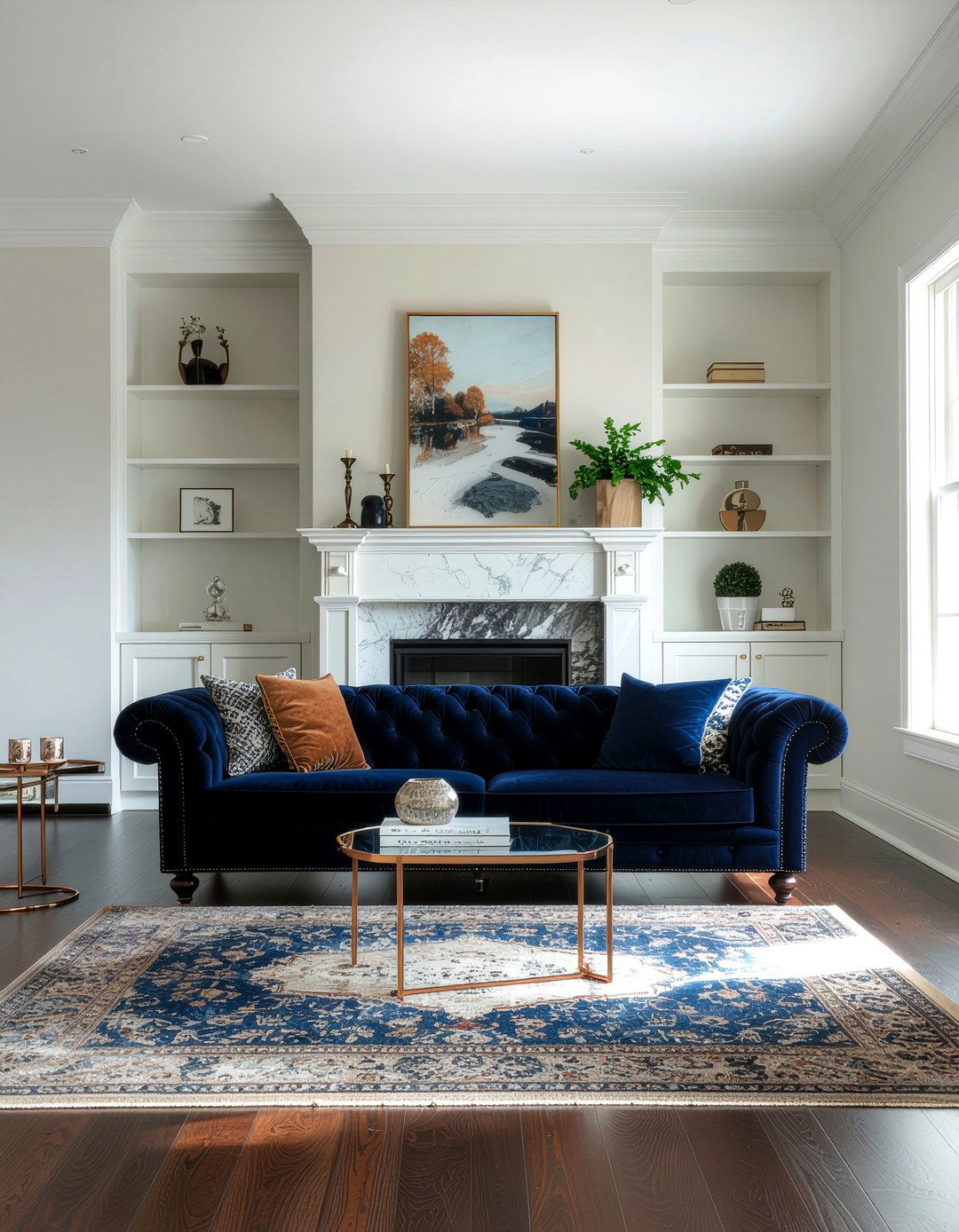 Navy blue velvet couch - 30 velvet sofa living room ideas
