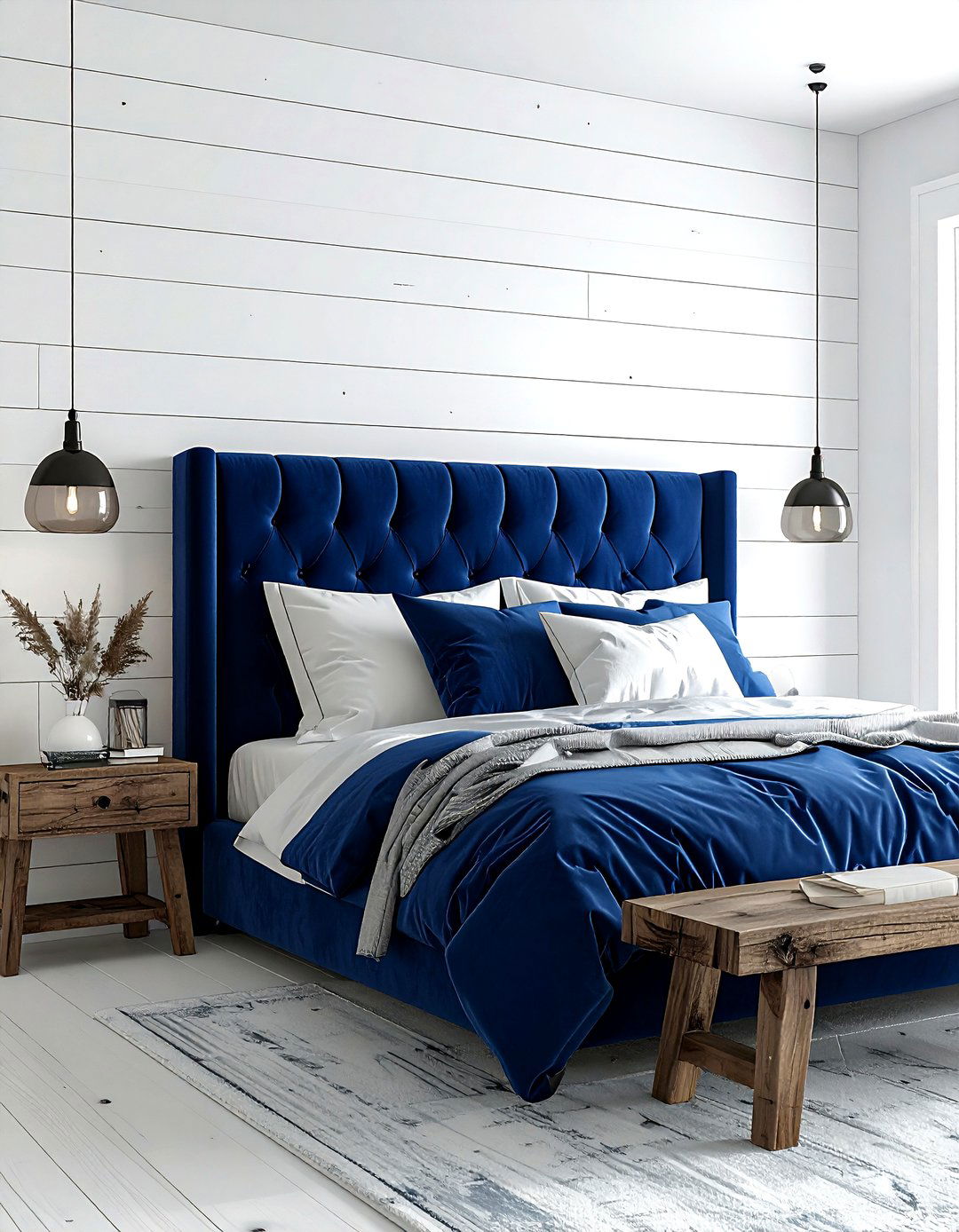 Navy blue velvet headboard - 30 farmhouse blue bedroom ideas