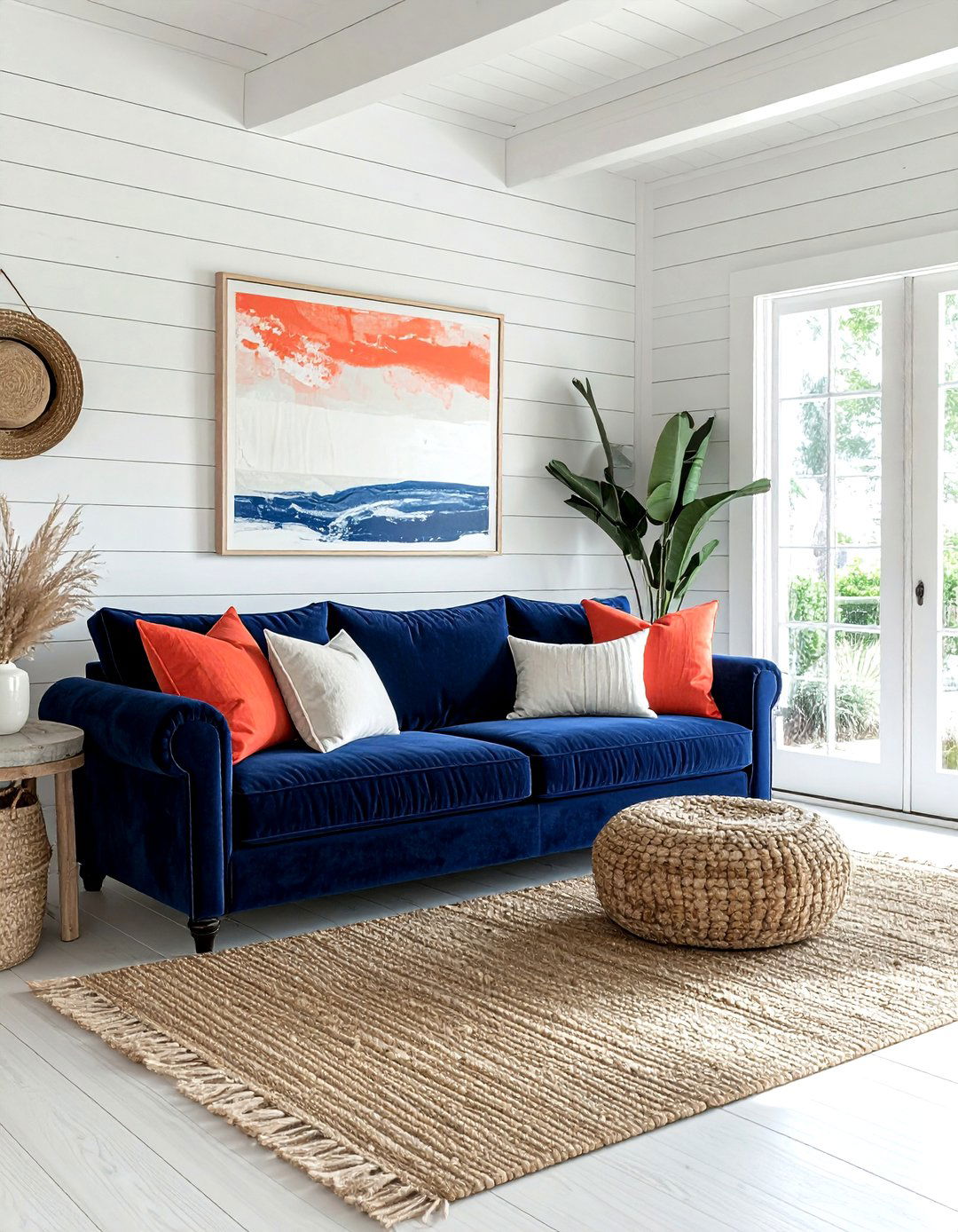 Navy blue velvet sofa - 30 coastal navy living room ideas