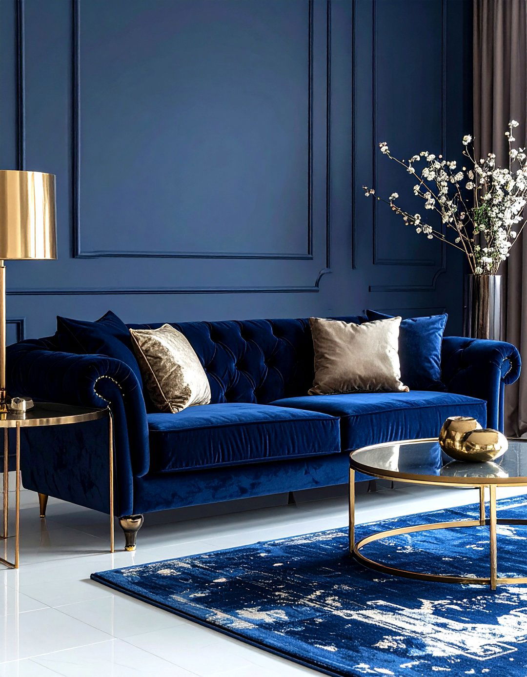 Navy blue velvet sofa - 30 contemporary navy living room ideas