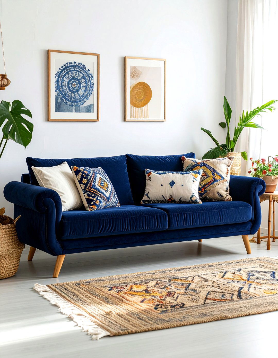 Navy blue velvet sofa boho - 30 bohemian navy living room ideas