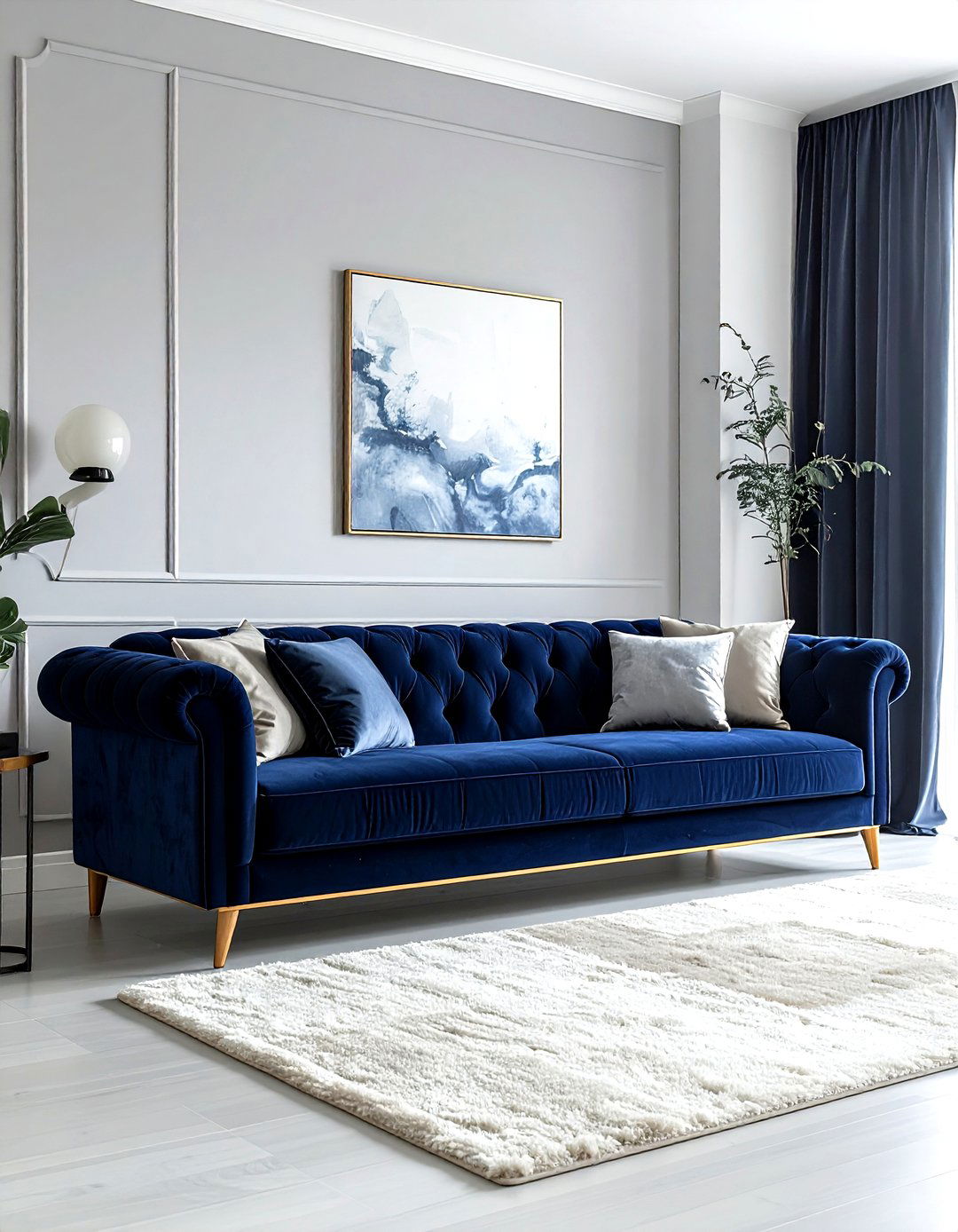 Navy blue velvet sofa living room - 30 navy living room decor ideas