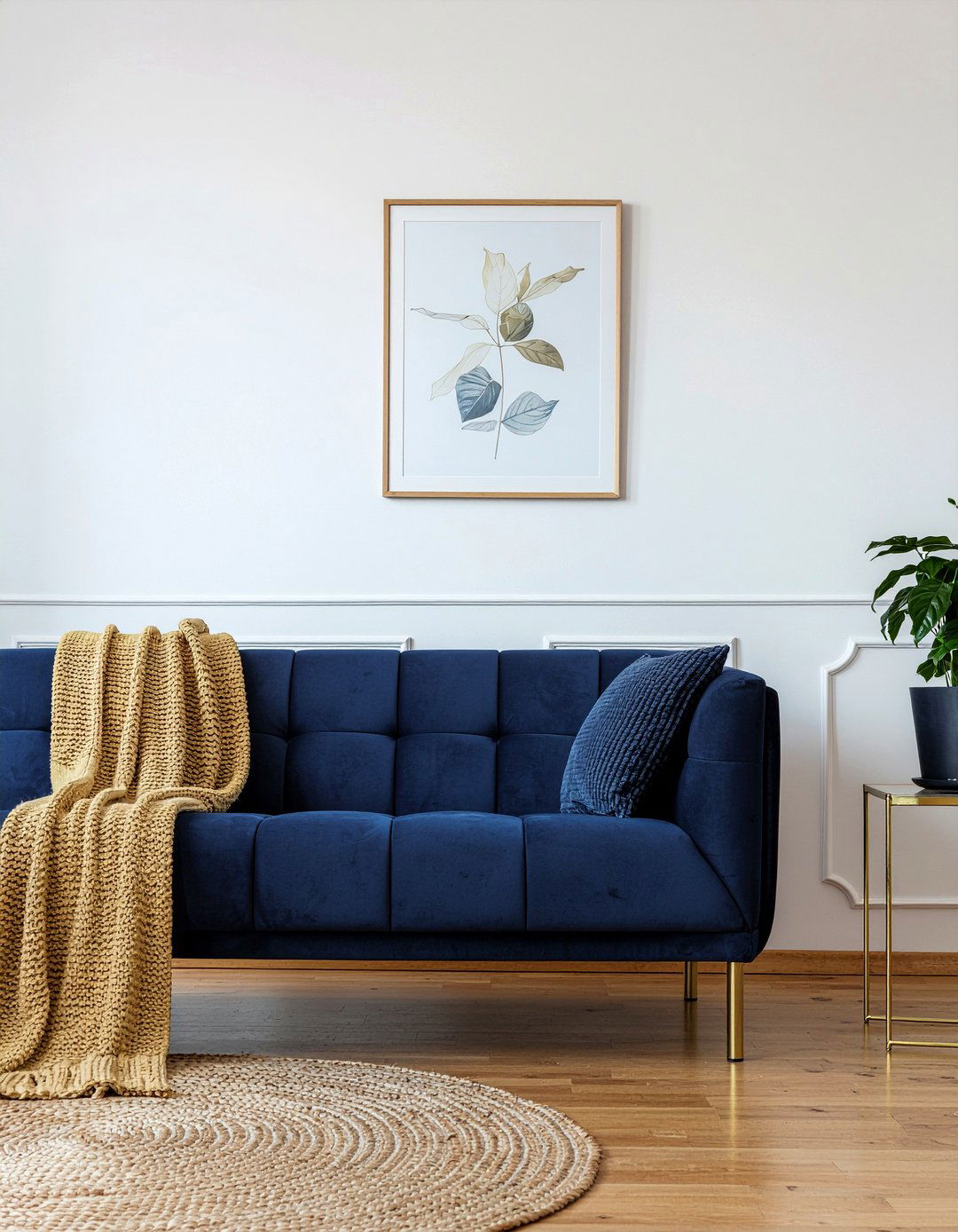 Navy blue velvet sofa with gold legs - 30 navy and gold living room ideas
