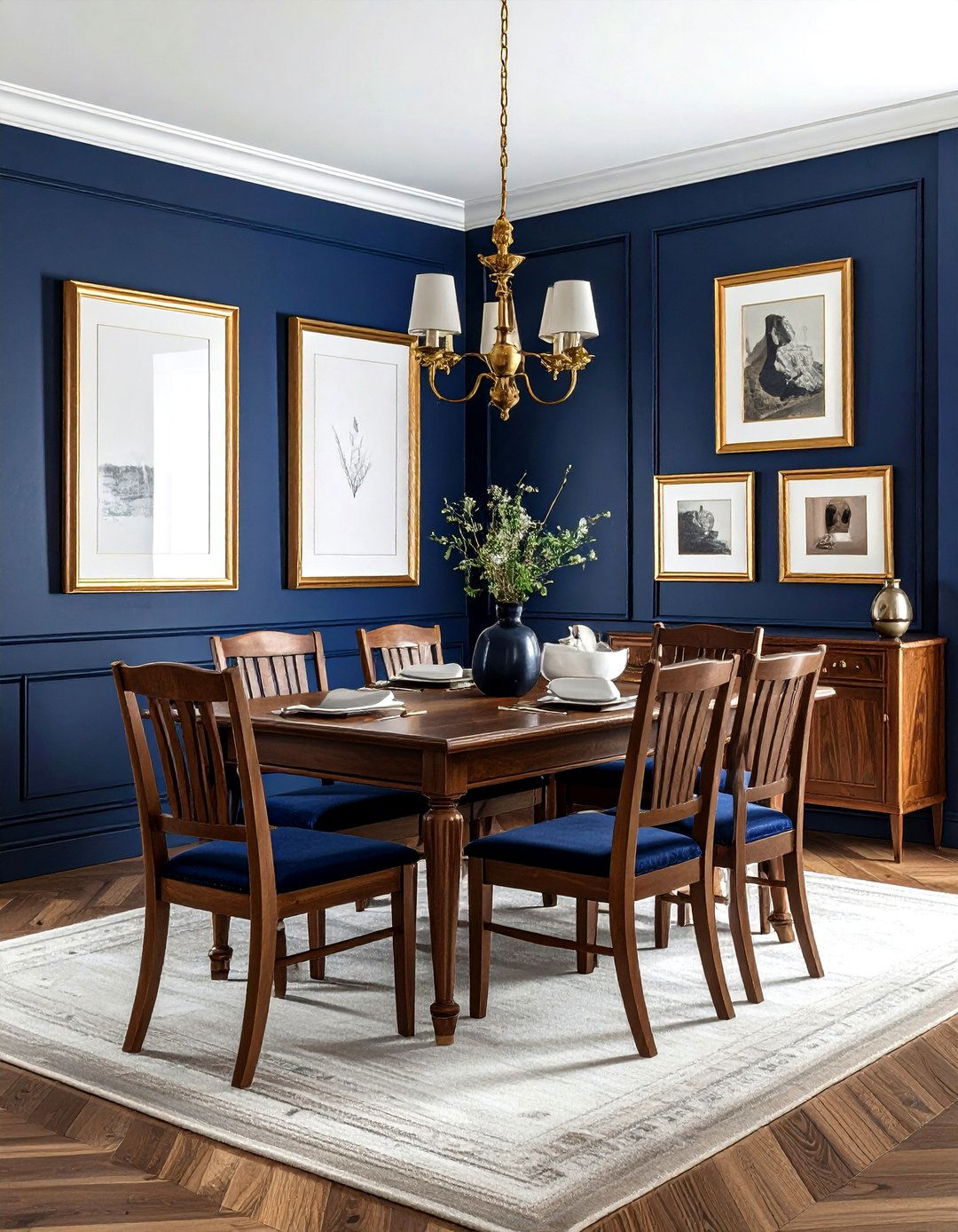 Navy blue wainscoting gold frames - 30 navy and gold dining room ideas