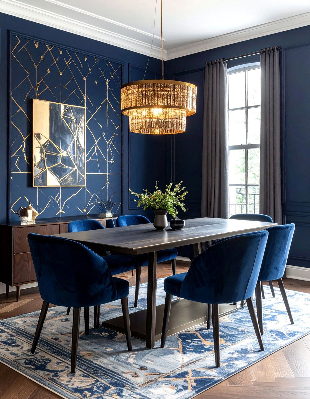 Navy blue wallpaper gold pattern - 30 navy and gold dining room ideas