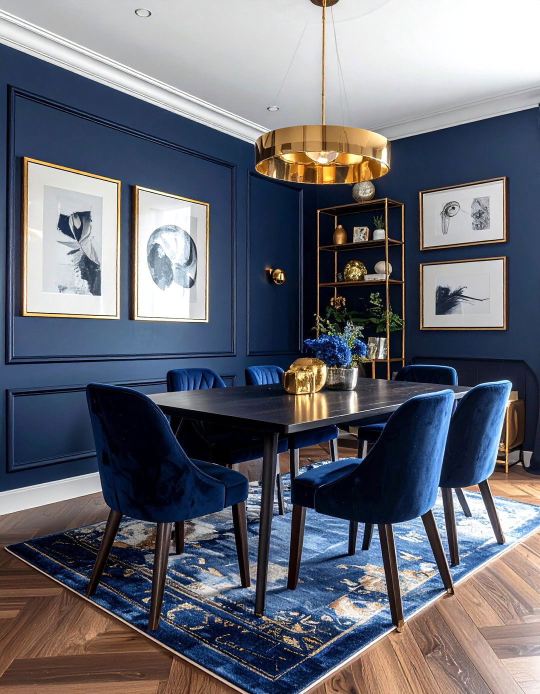 Navy blue walls gold accents - 30 navy and gold dining room ideas