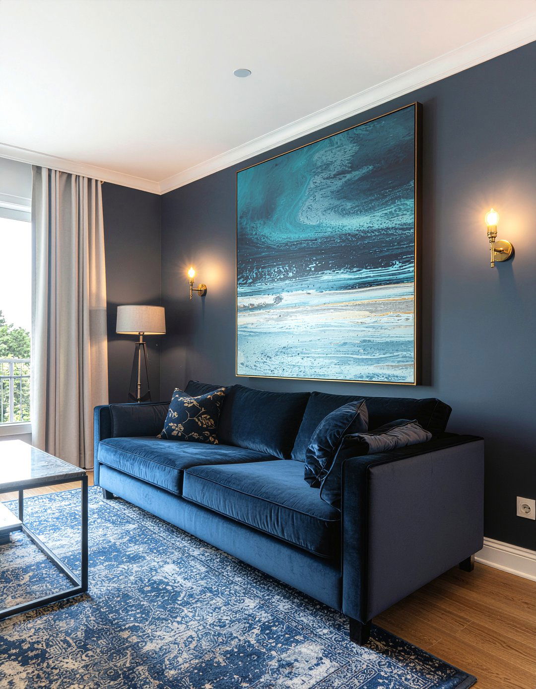 Navy blue walls with gold sconces - 30 navy and gold living room ideas