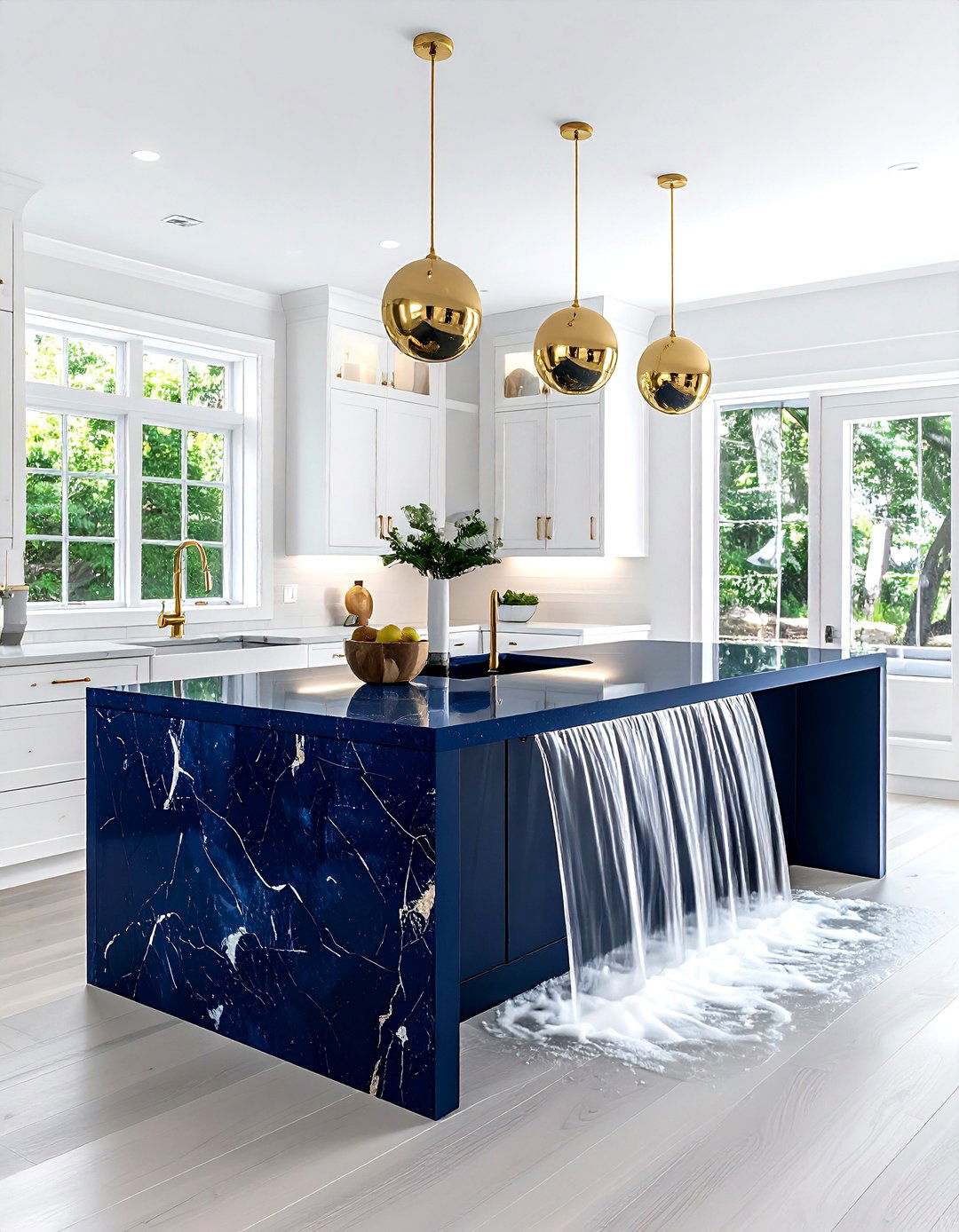 Navy blue waterfall island - 30 waterfall countertop kitchen ideas