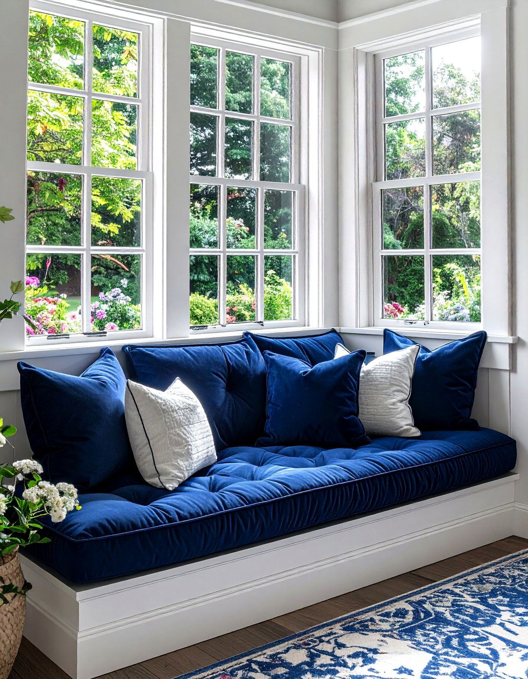 Navy blue window seat - 30 navy decor ideas
