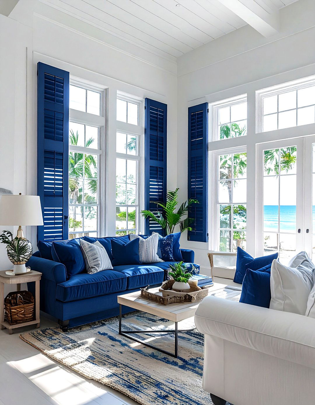 Navy blue window shutters - 30 coastal navy living room ideas