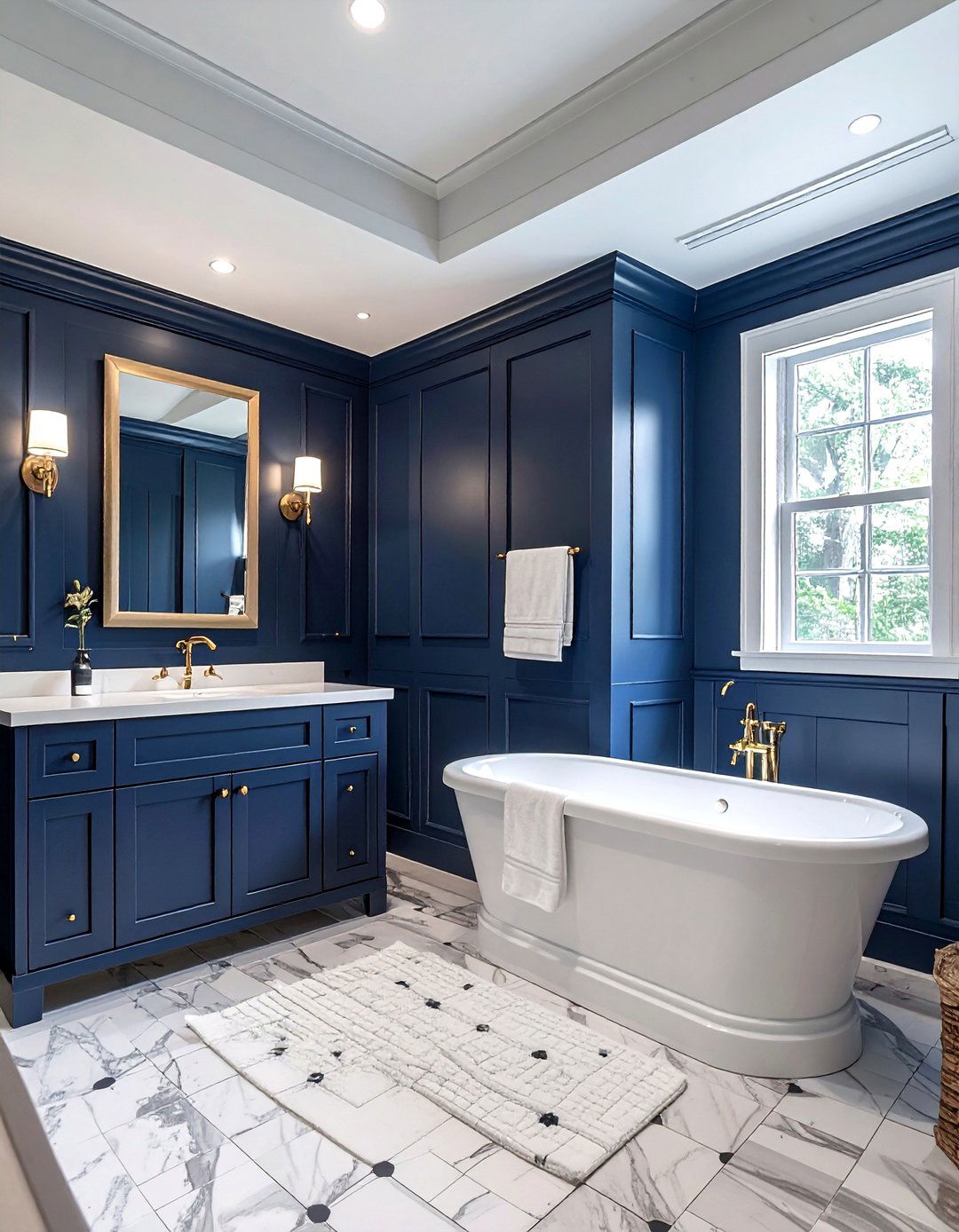 Navy board and batten bathroom - 30 navy and gold bathroom ideas