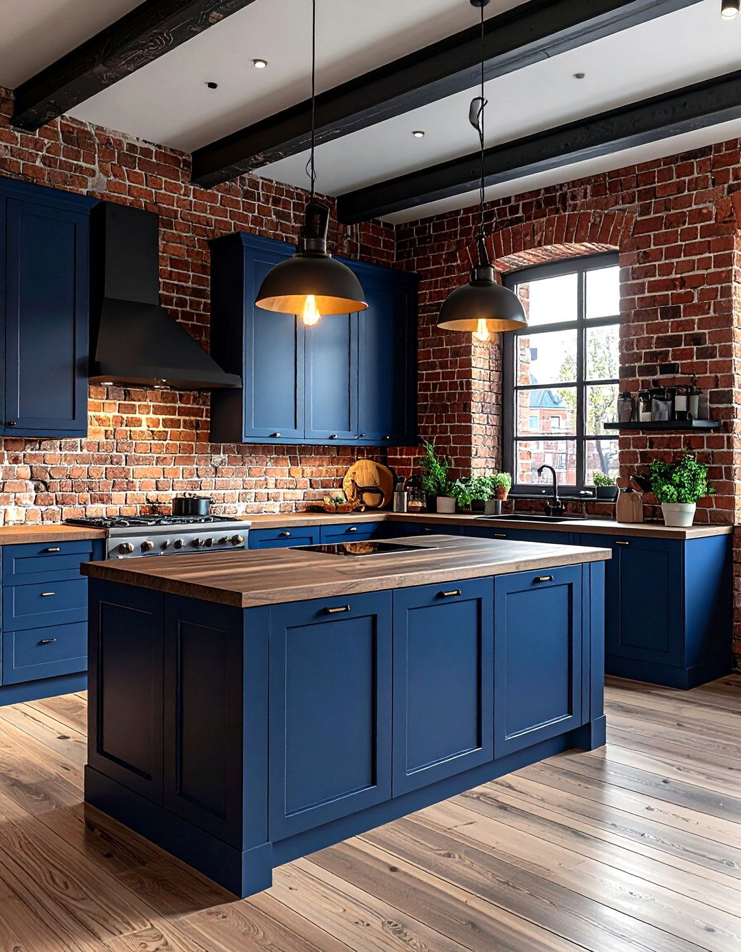 Navy cabinets brick backsplash - 30 navy kitchen cabinet ideas