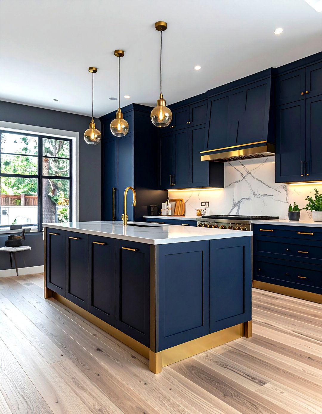 Navy cabinets with gold toe kicks - 30 navy and gold kitchen ideas