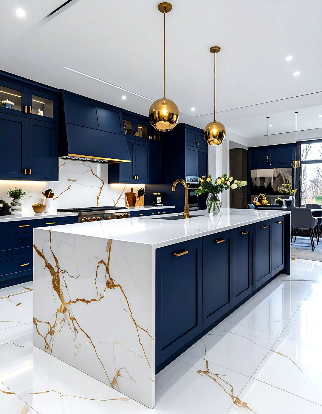 Navy cabinets with white quartz countertops - 30 navy and gold kitchen ideas