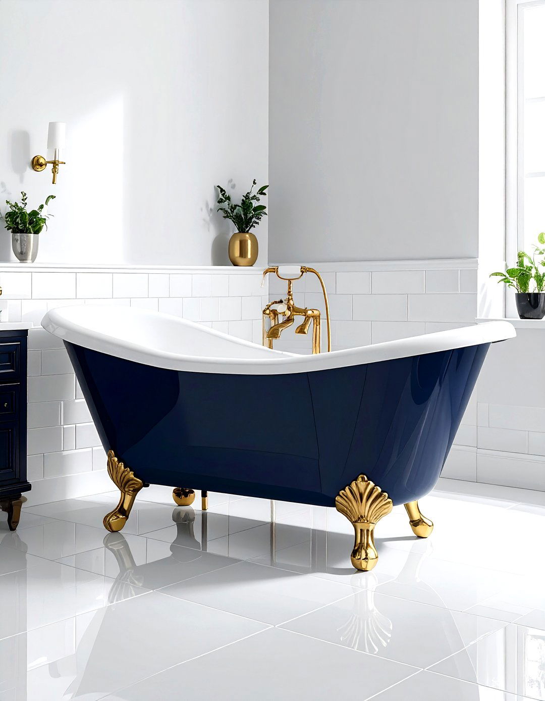 Navy clawfoot tub - 30 navy gold bathroom ideas