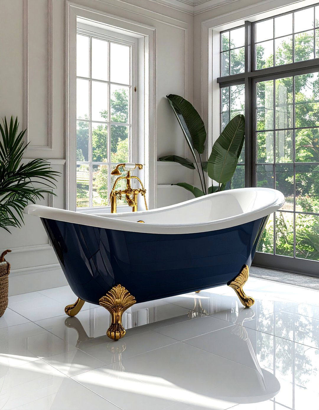 Navy clawfoot tub gold feet - 30 navy and gold bathroom ideas