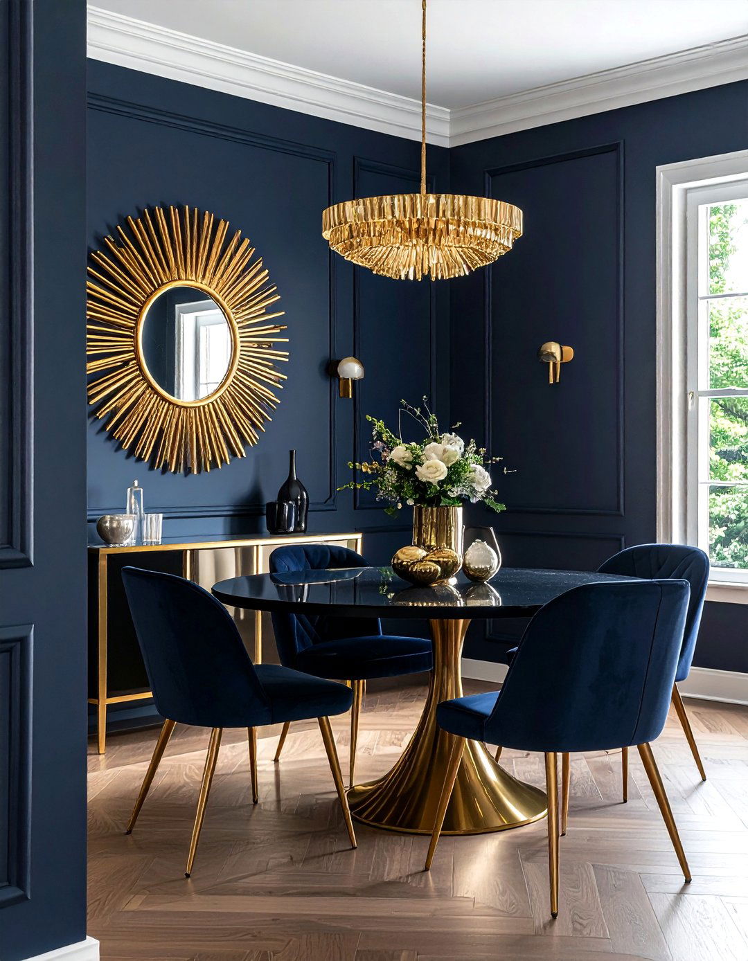 Navy dining room gold mirror - 30 sunburst mirror dining room ideas